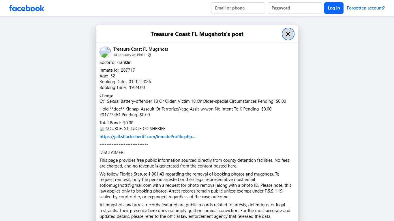 Socorro, Franklin Inmate Id:... - Treasure Coast FL Mugshots Facebook