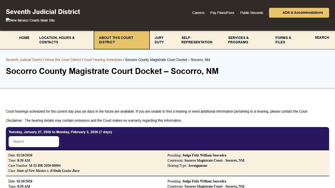 Socorro County Magistrate Court Docket - Socorro, NM - Seventh Judicial District